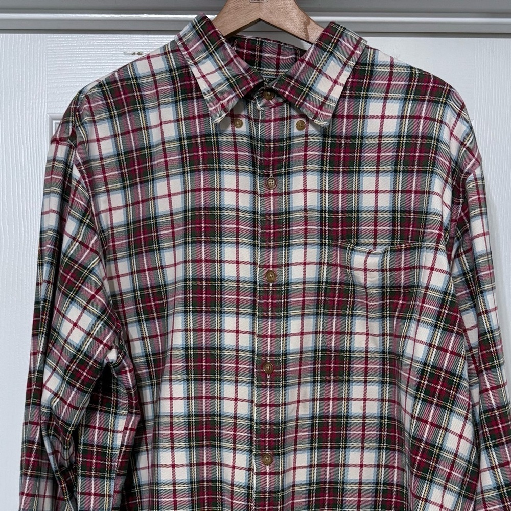 Lands' End Red Green Plaid Long Sleeve Button Up Men’s XL 17/17.5 100% Cotton